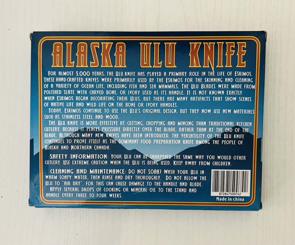 Alaska Ulu Knife Stainless Steel Silver Blade Wood Handle w/ Stand Full Tang